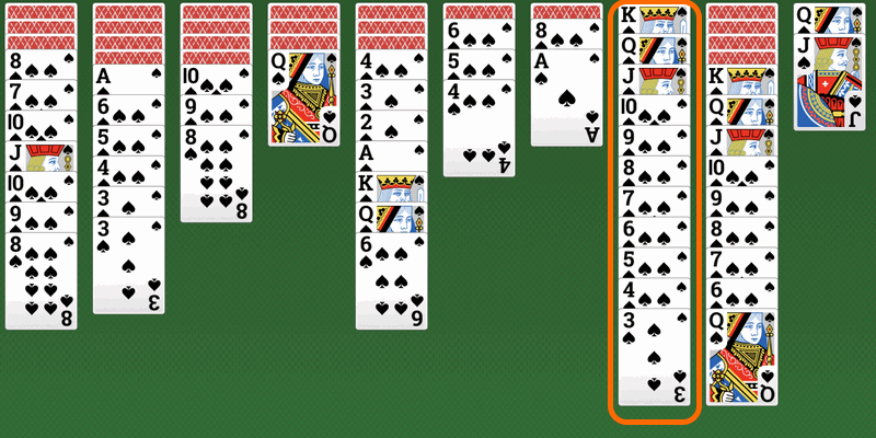 Spider Solitaire – beginnend met de koning en doorlopend tot de aas